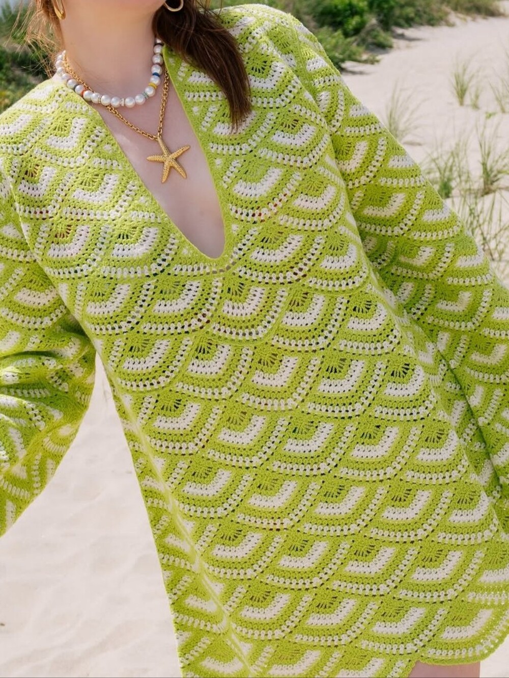 Anthropologie Celandine Crochet Long Sleeve Kaftan Mini Dress Cover Up Green M/L
